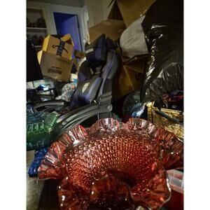 Vintage Fenton Art Glass Cranberry Opalescent Hobnail Ruffled & Crimped Bowl